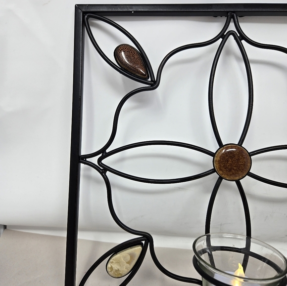 Elements Set Of 2 Wall Decor Candle Holders Black Metal Flower Design & Stones - Picture 5 of 14